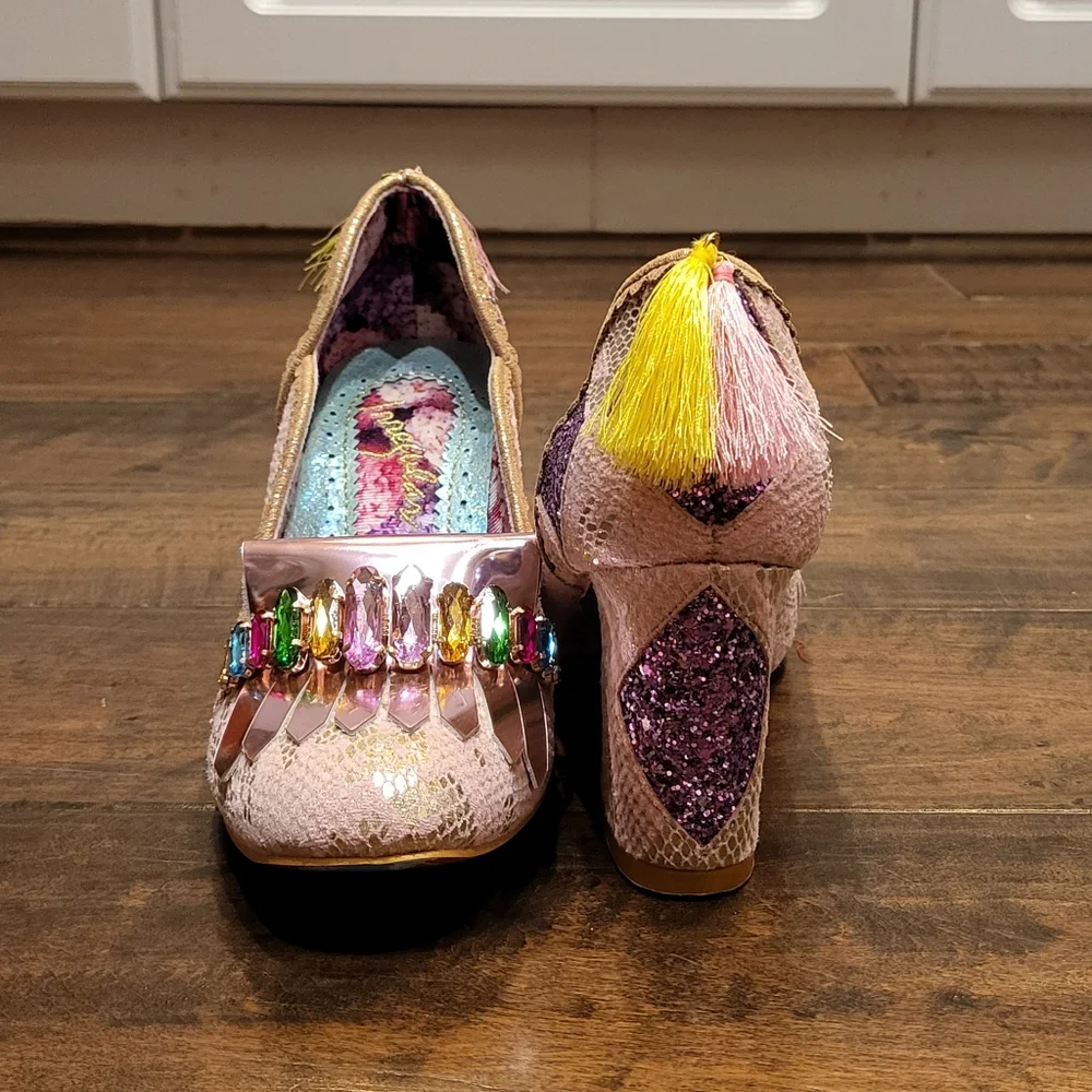 NWT Size 6.5 Irregular Choice Amorgos Pink Rhinestone, Snake Skin Glitter Heels - Picture 4 of 11